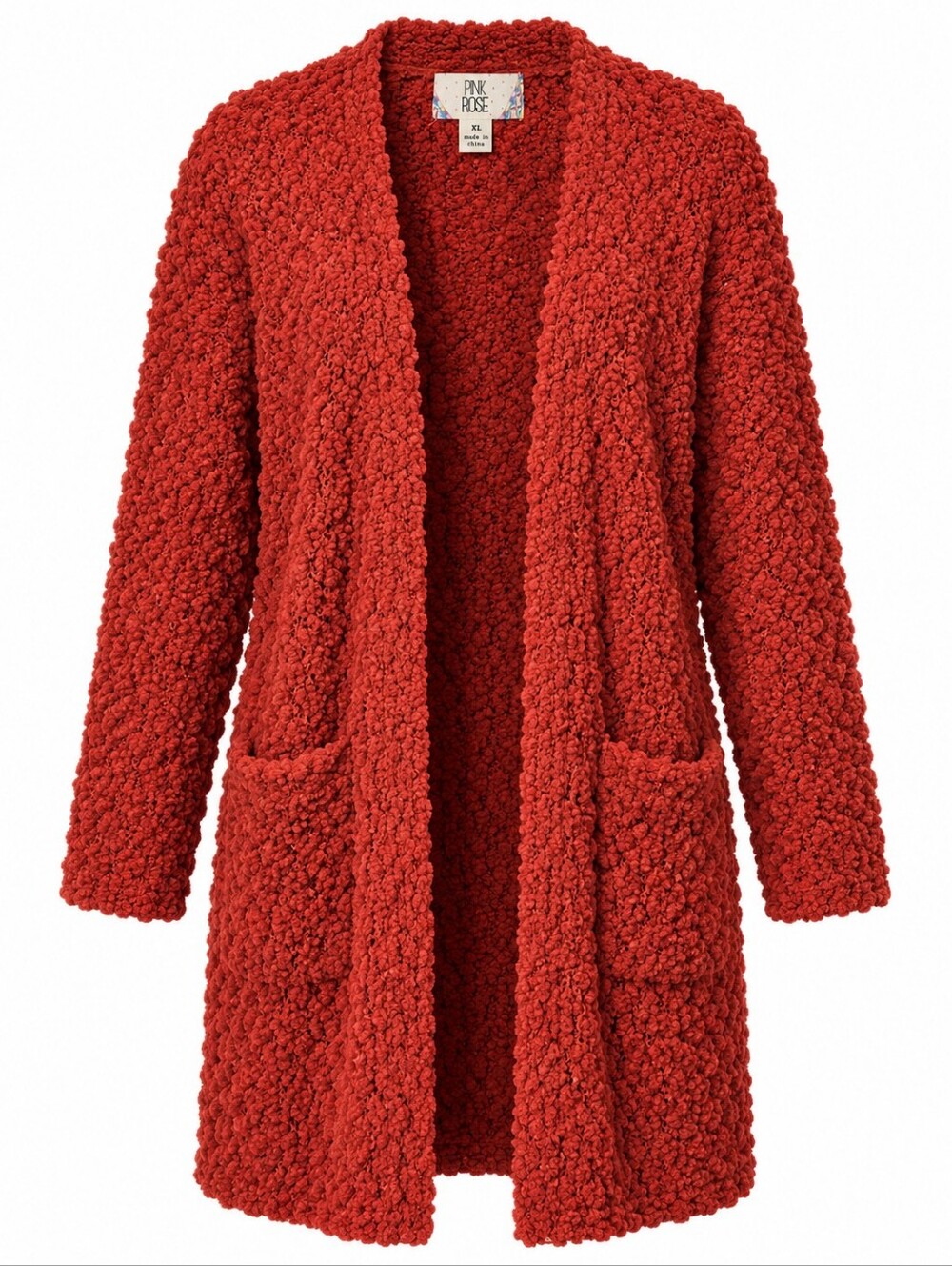 Pink Rose XL Rust Burnt Orange Popcorn Knit Long Open Front Cardigan Pockets
